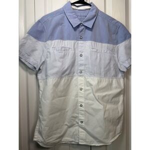 Guess Men's Slim Fit Short Sleeve Shirt Large Colorblock Blue White Button Up Ca